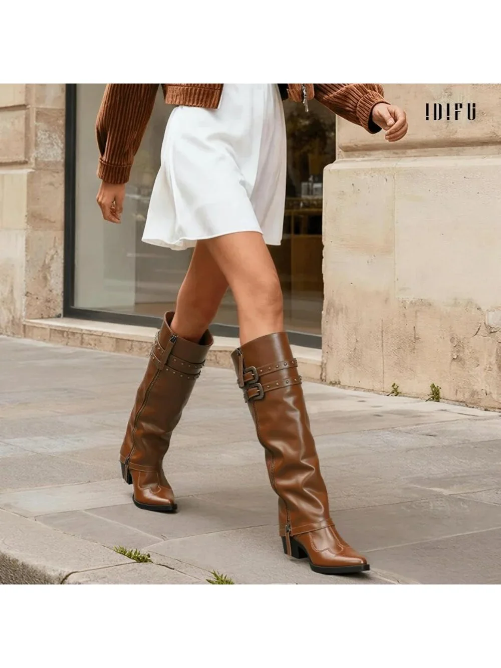 Women's Brown pu Manmade Knee High Fold Over Studded Chunky Heel Shark Boots